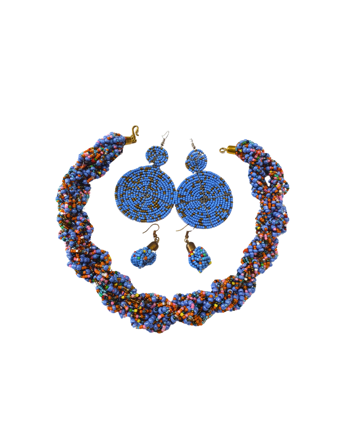 Parure Artisanale en Perles – Collier & Deux Paires de Boucles d’Oreilles Assorties (Bleu Multicolore)