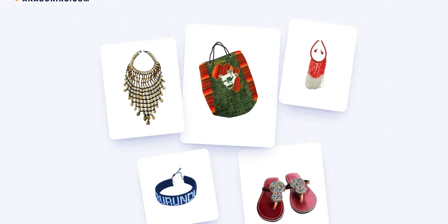 Collier, sac, parure, bracelet et sandales artisanaux vendus sur Akaguriro.com