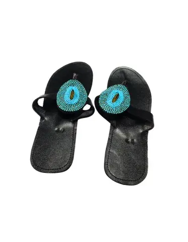 Sandales Artisanales Perlées – Noir & Turquoise Design Élégant