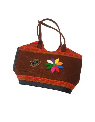 Sac à Main Africain “Fleur de Vie” – Tissu Marron & Motif Coloré – Élégance Quotidienne