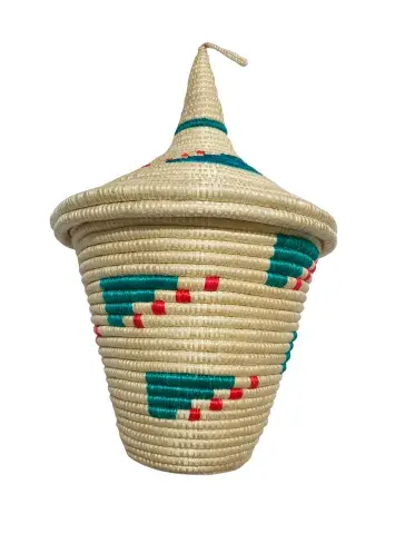 Panier Africain Tissé avec Couvercle – Uduseke Beige Vert & Rouge