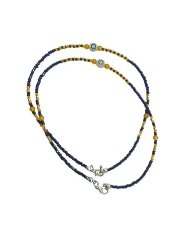 Chevillères Perlées Bleu Nuit & Moutarde, Cristal Ambré (Paire, 30 cm)