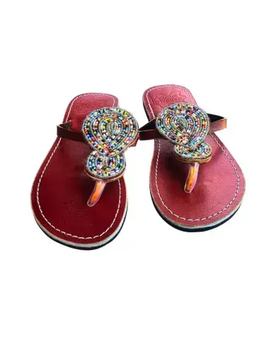 Sandales Artisanales Perlées Bordeaux & Ivoire — Bracelet Cheville Trois Médaillons, Modèle II (Taille 40)