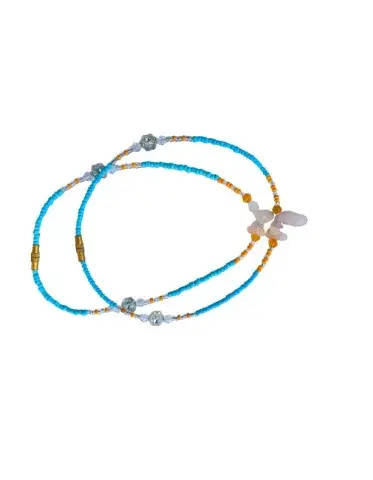 Chevillères Perlées Turquoise, Papillon Quartz Rose (Paire, 27 cm)