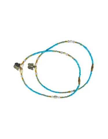 Chevillères Perlées Turquoise, Plume Argentée (Paire, 29 cm)