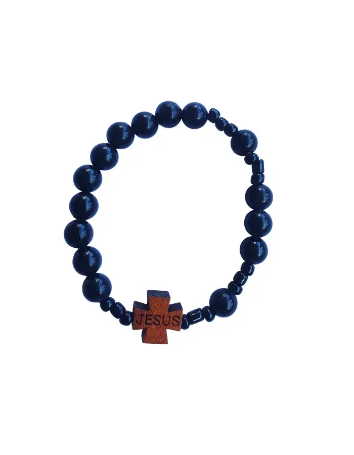 Bracelet chapelet discret “JESUS” – 10 grains de prière, perles noires (6 g)