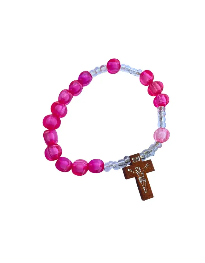 Bracelet dizaine de prière avec croix – Perles roses