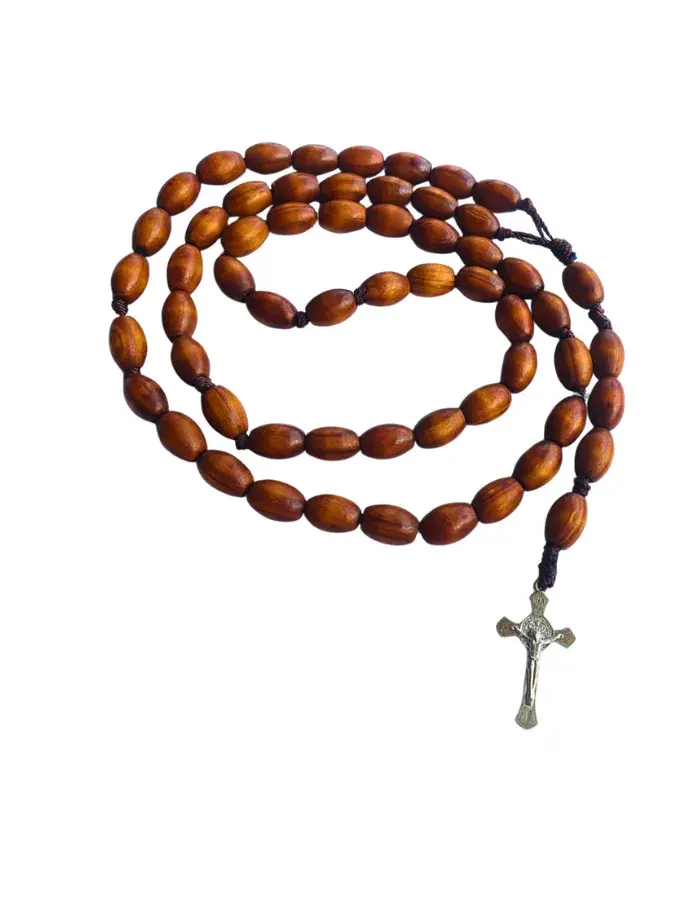 Chapelet catholique en bois – Perles ovales et croix métal