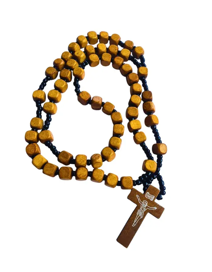 Chapelet catholique en bois – Perles carrées artisanales