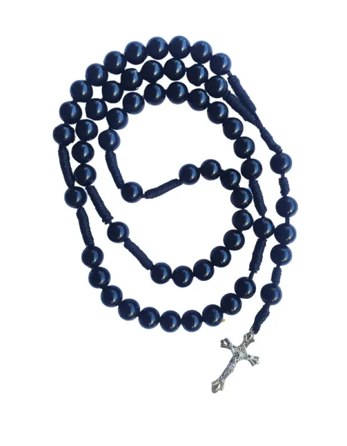 Chapelet à Perles Noires sur Cordon – Croix Argentée