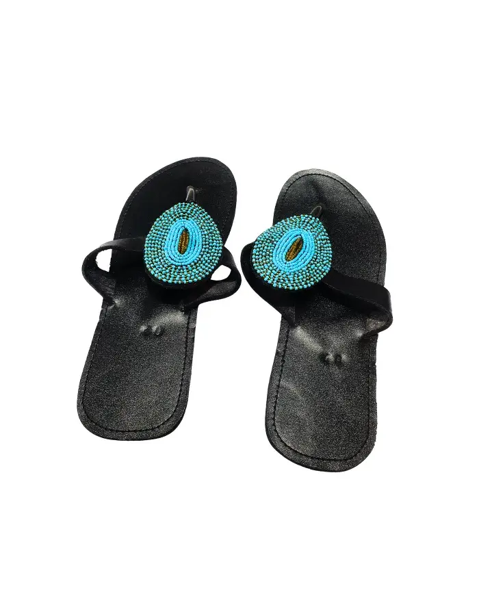 Sandales Artisanales Perlées – Noir & Turquoise Design Élégant