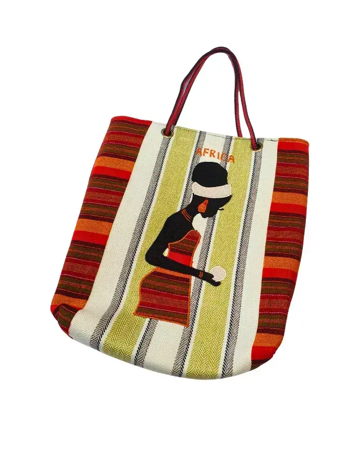 Sac Cabas Africain “Africa Élégance” – Tissu Rayé & Motif Femme – Grand Format