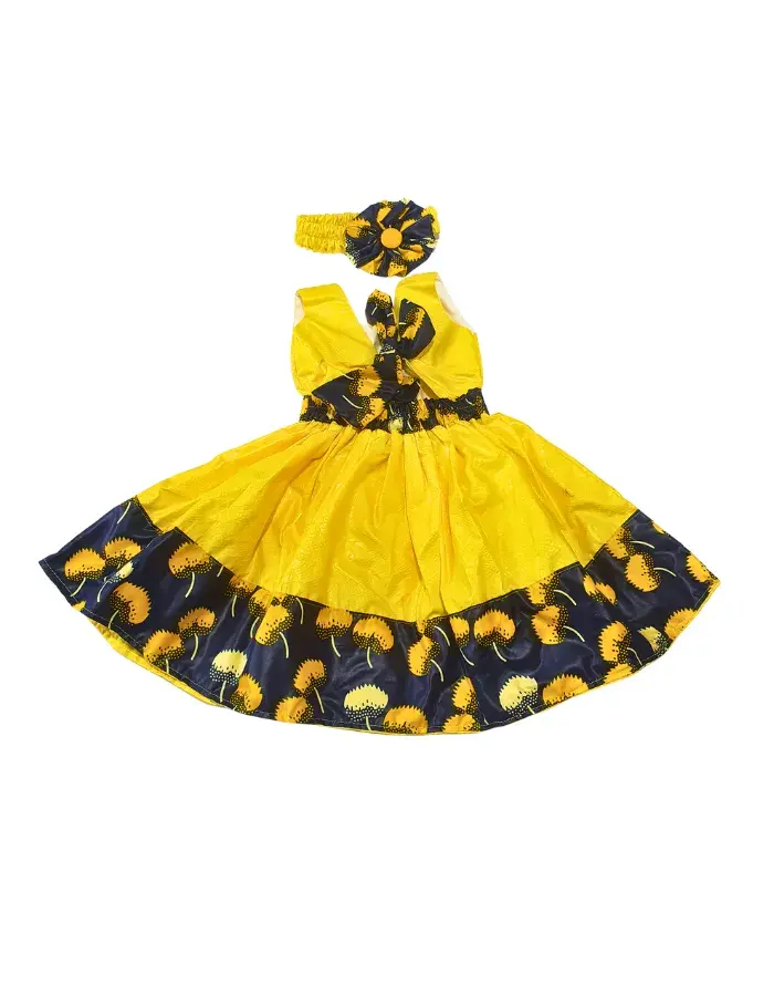 Robe Enfant Africaine Jaune Soleil avec Bandeau Assorti – Tenue de Fête Élégante