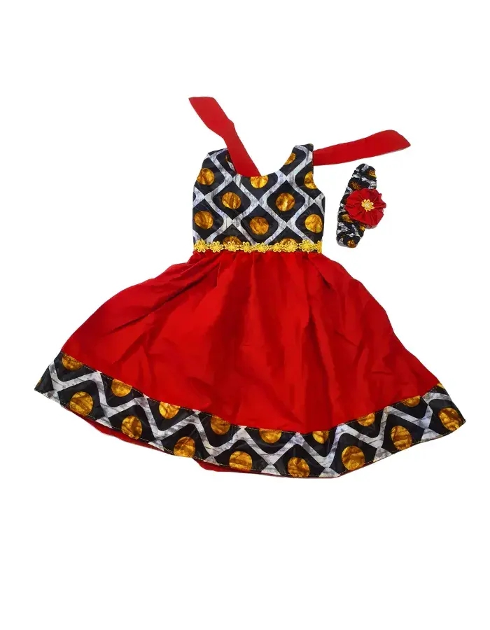 Robe Enfant Fille Rouge Élégance avec Bandeau & Nœud – Tenue de Fête Africaine (3–5 ans)