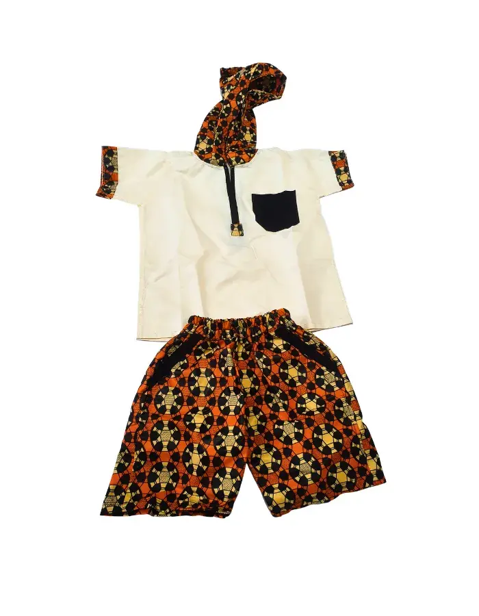 Ensemble Garçon Africain avec Capuche – Style Moderne Wax Orange & Noir (3–6 ans)