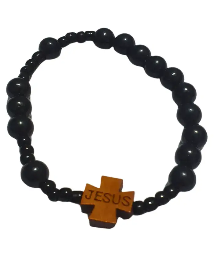 Bracelet Noir Spirituel avec Croix JESUS – Élégance Minimaliste