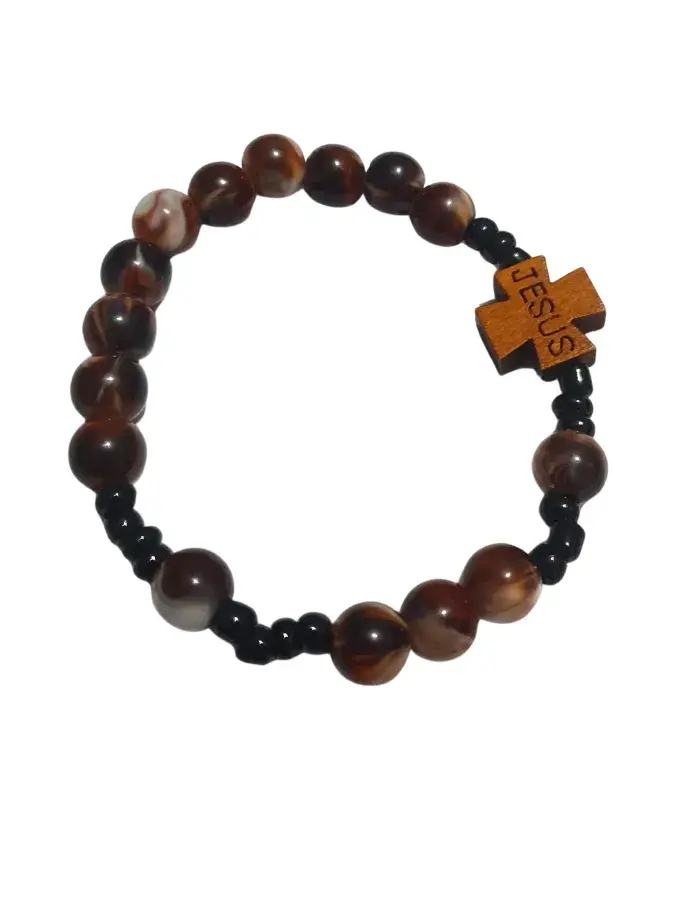 Bracelet Jésus en Perles Marbrées Marron – Bijou Chrétien Élégant