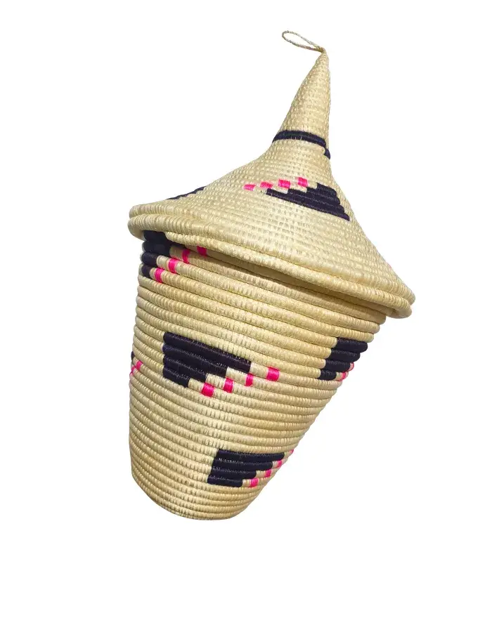 Panier Africain Tissé à Couvercle – Uduske Décoratif Beige, Noir & Rose