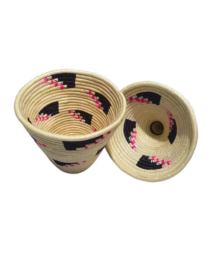 Panier Africain Tissé à Couvercle – Uduske Décoratif Beige, Noir & Rose