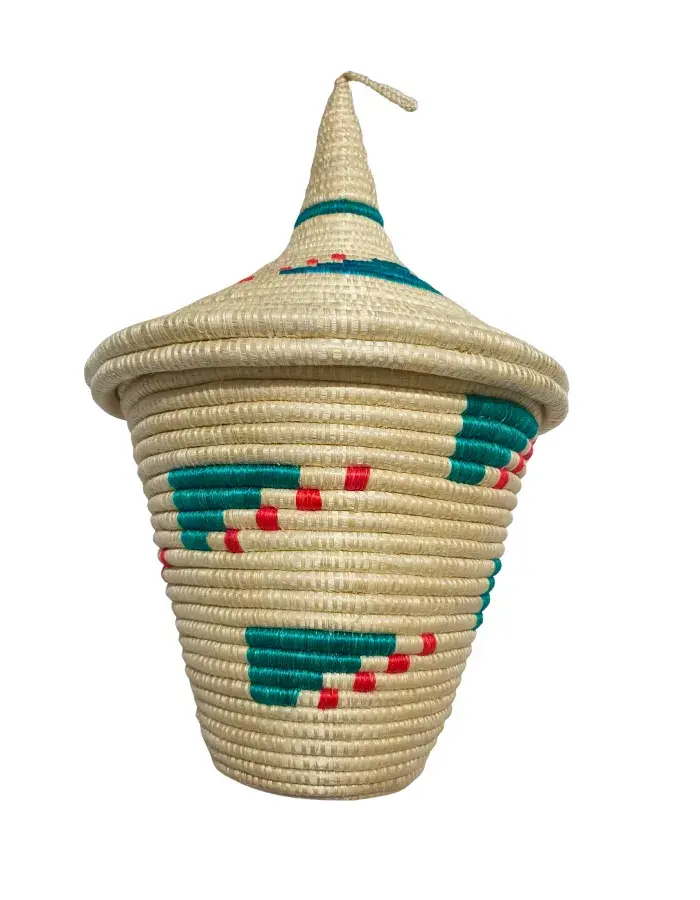 Panier Africain Tissé avec Couvercle – Uduseke Beige Vert & Rouge