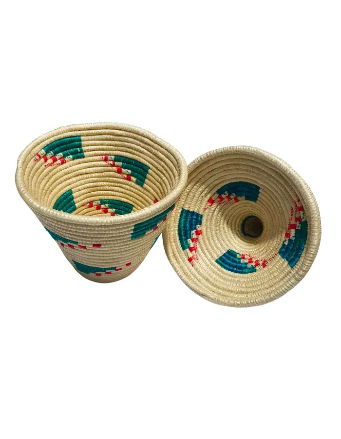 Panier Africain Tissé avec Couvercle – Uduseke Beige Vert & Rouge