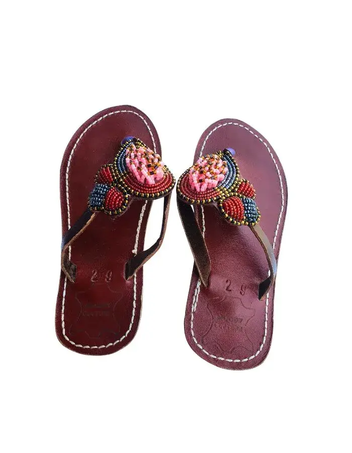 Sandales Artisanales Perlées Bordeaux, Or & Noir — Motif Aile, Taille Enfant (Taille 29)