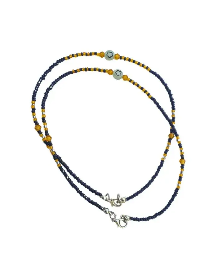 Chevillères Perlées Bleu Nuit & Moutarde, Cristal Ambré (Paire, 30 cm)