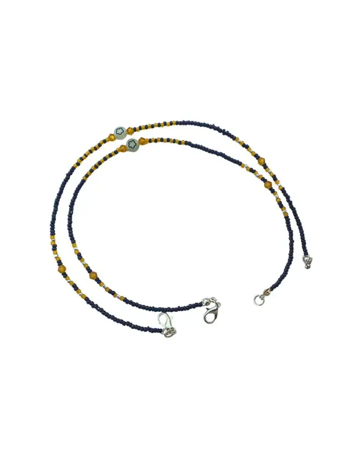 Chevillères Perlées Bleu Nuit & Moutarde, Cristal Ambré (Paire, 30 cm)