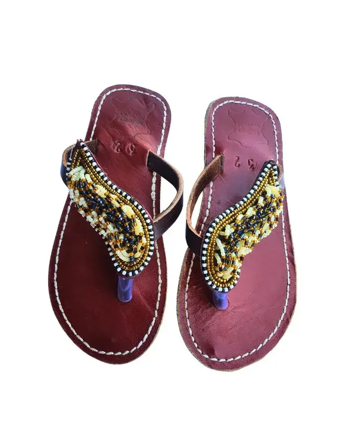 Sandales Artisanales Perlées Bordeaux & Or — Nœud Doré, Taille Enfant (Taille 32)