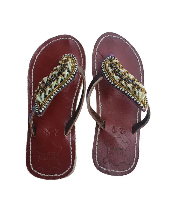 Sandales Artisanales Perlées Bordeaux & Or — Nœud Doré, Taille Enfant (Taille 32)
