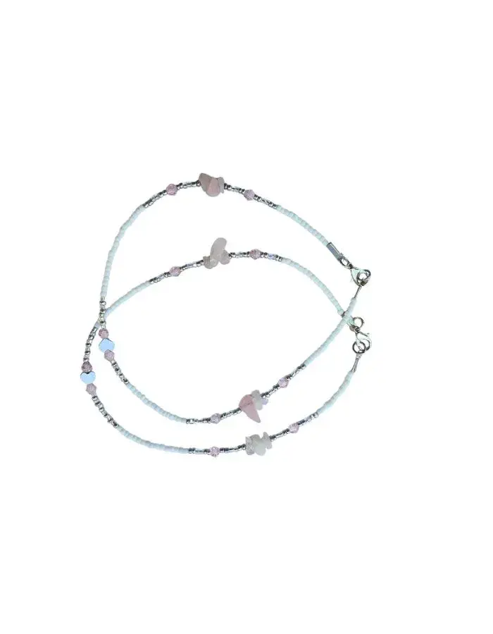 Chevillères Perlées Ivoire, Quartz Rose (Paire, 30 cm)