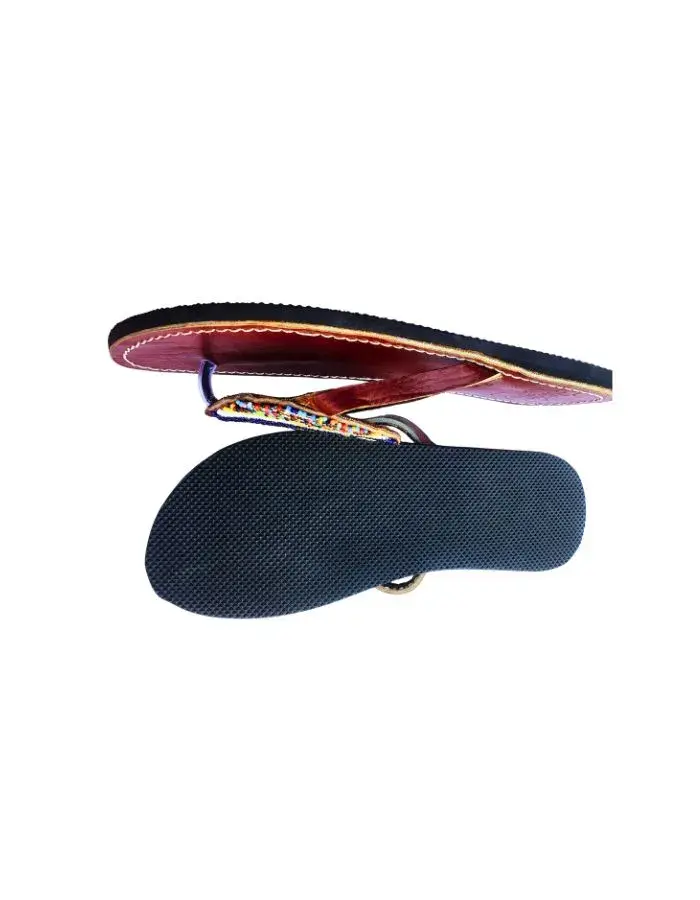 Sandales Artisanales Perlées Bordeaux, Bleu & Jaune — Médaillon Losange (Taille 42)