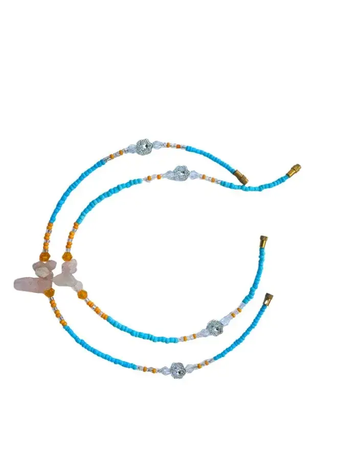 Chevillères Perlées Turquoise, Papillon Quartz Rose (Paire, 27 cm)