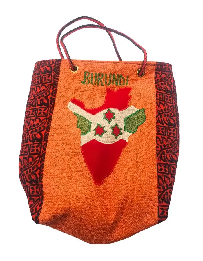 Sac Artisanal Burundi — Carte du Burundi, Wax Rouge & Noir (Grand Format) (37 cm)