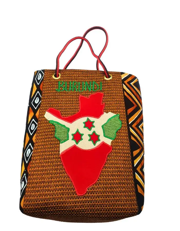 Sac Artisanal Burundi — Carte du Burundi, Wax Rouge & Noir (Grand Format) (37 cm)