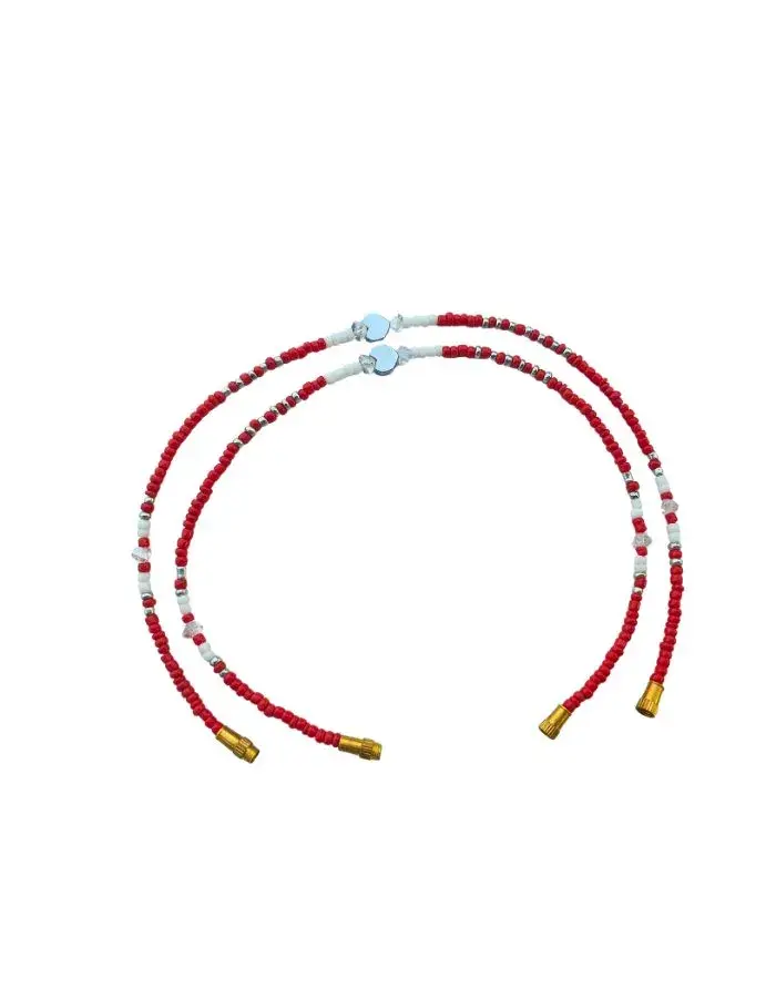 Chevillères Perlées Rouge & Ivoire, Cœurs Facettés (Paire, 23 cm)