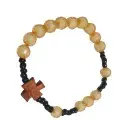 Bracelet Chapelet Beige & Noir avec Croix en Bois – Style Spirituel Élégant